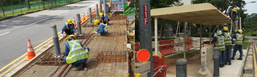 This are images of bollard footing and roof panel installation for conventional bus stops