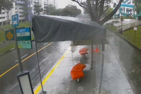 This is an image of a re-designed temporary bus shelter in adverse weather conditions
