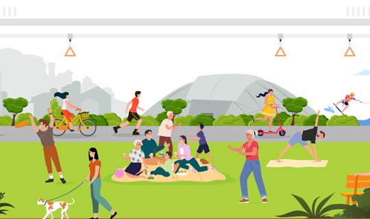 Graphic of scene with people jogging on a footpath, cyclists on cycling path and resting on grass patch to picnic