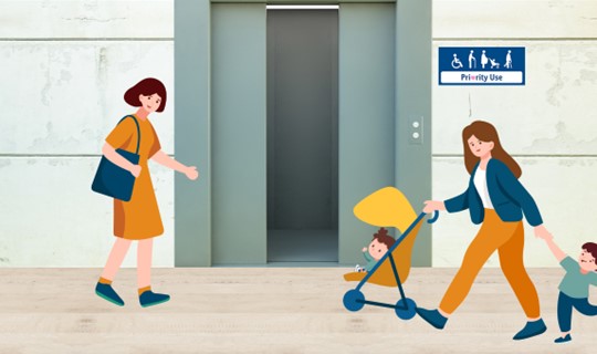 Image of mothers with strollers outside priority lift at MRT