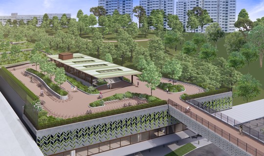 Artist impression of the CRL Ang Mo Kio station, with elevated cycling and walking bridge