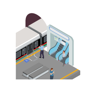 Graphic of train platform with commuters coming from escalators