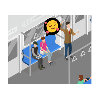 Graphic of commuters with two happily seated in the train